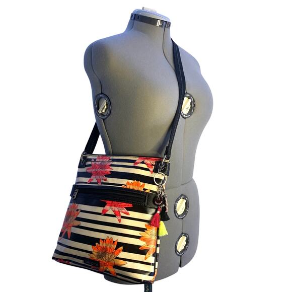 Sakroots Artist Designed Crossbody Purse, Black White Striped Colorful Flowers - Picture 2 of 10